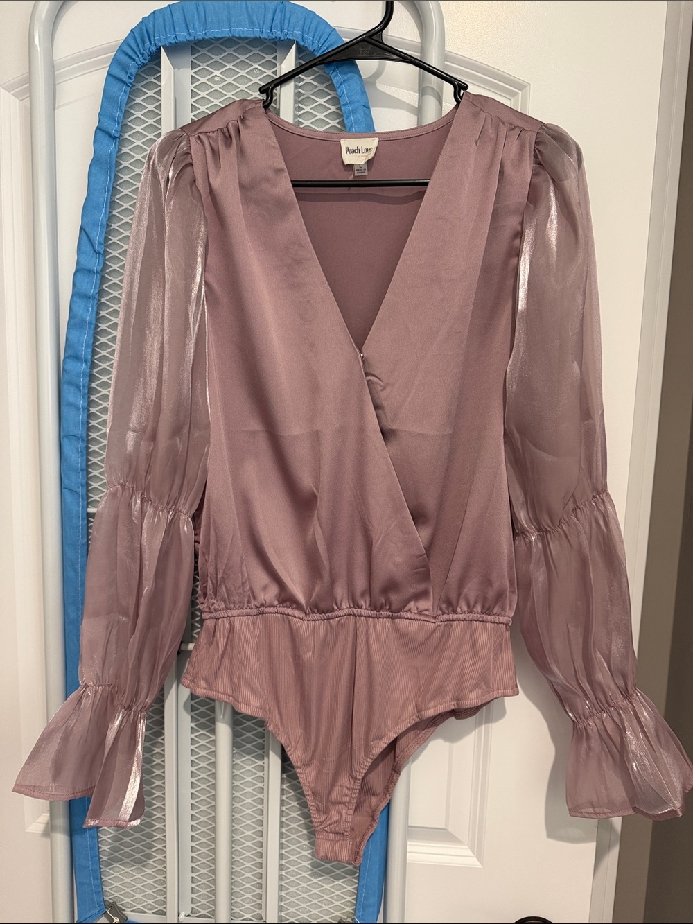Peach Love California Mauve Satin Sheer Sleeve Surplice Bodysuit